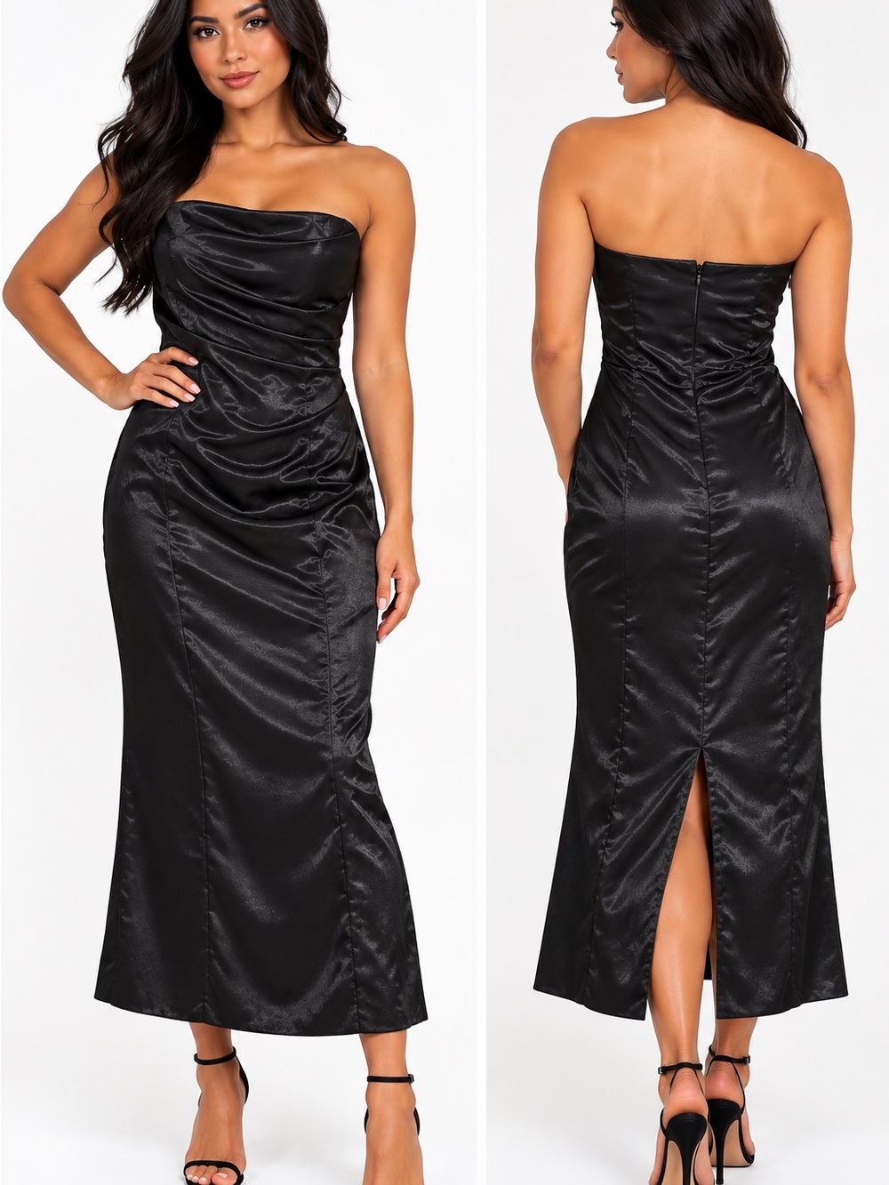 Elegant Strapless Black Satin Evening Dress